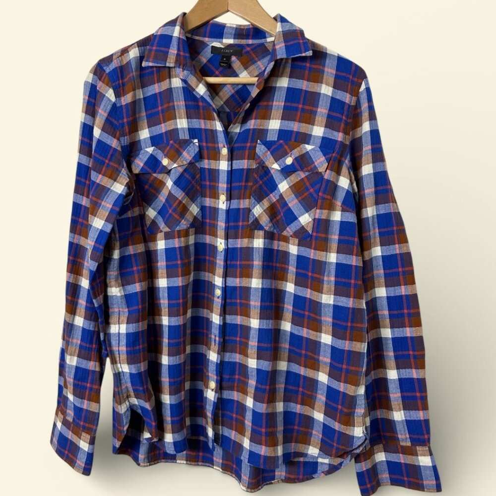 EUC J. Crew Blue and Orange Flannel Shirt Women US Size Medium